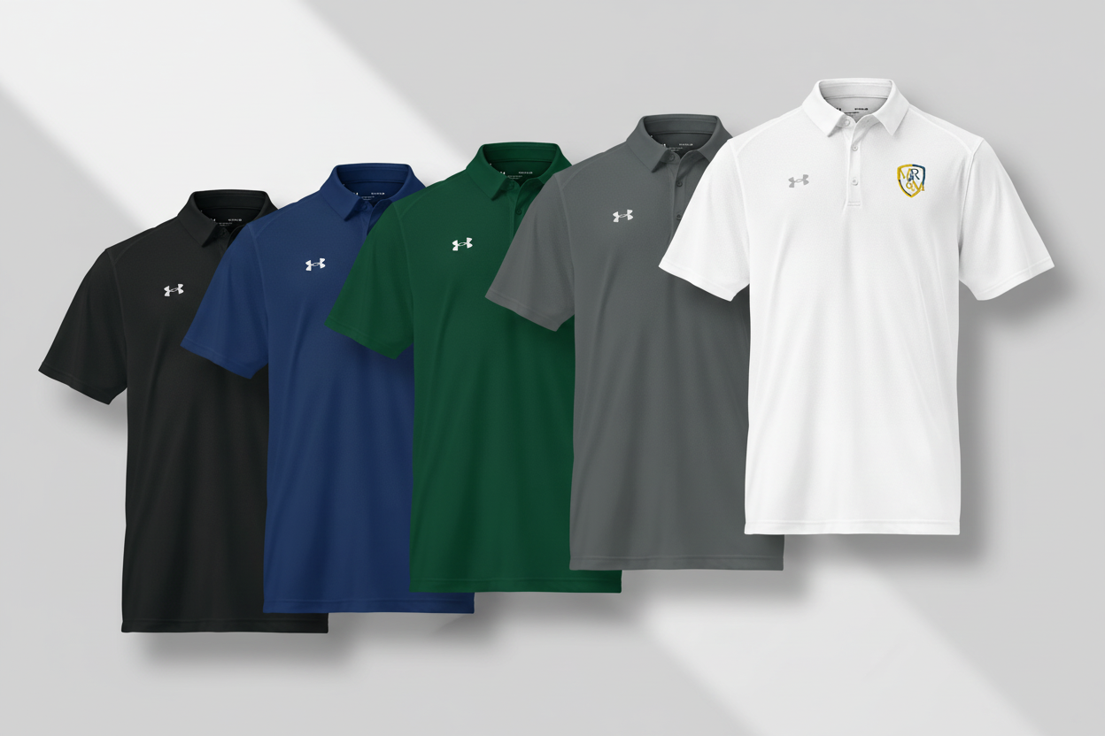 Marketing banner featuring MRCM Under Armour polos